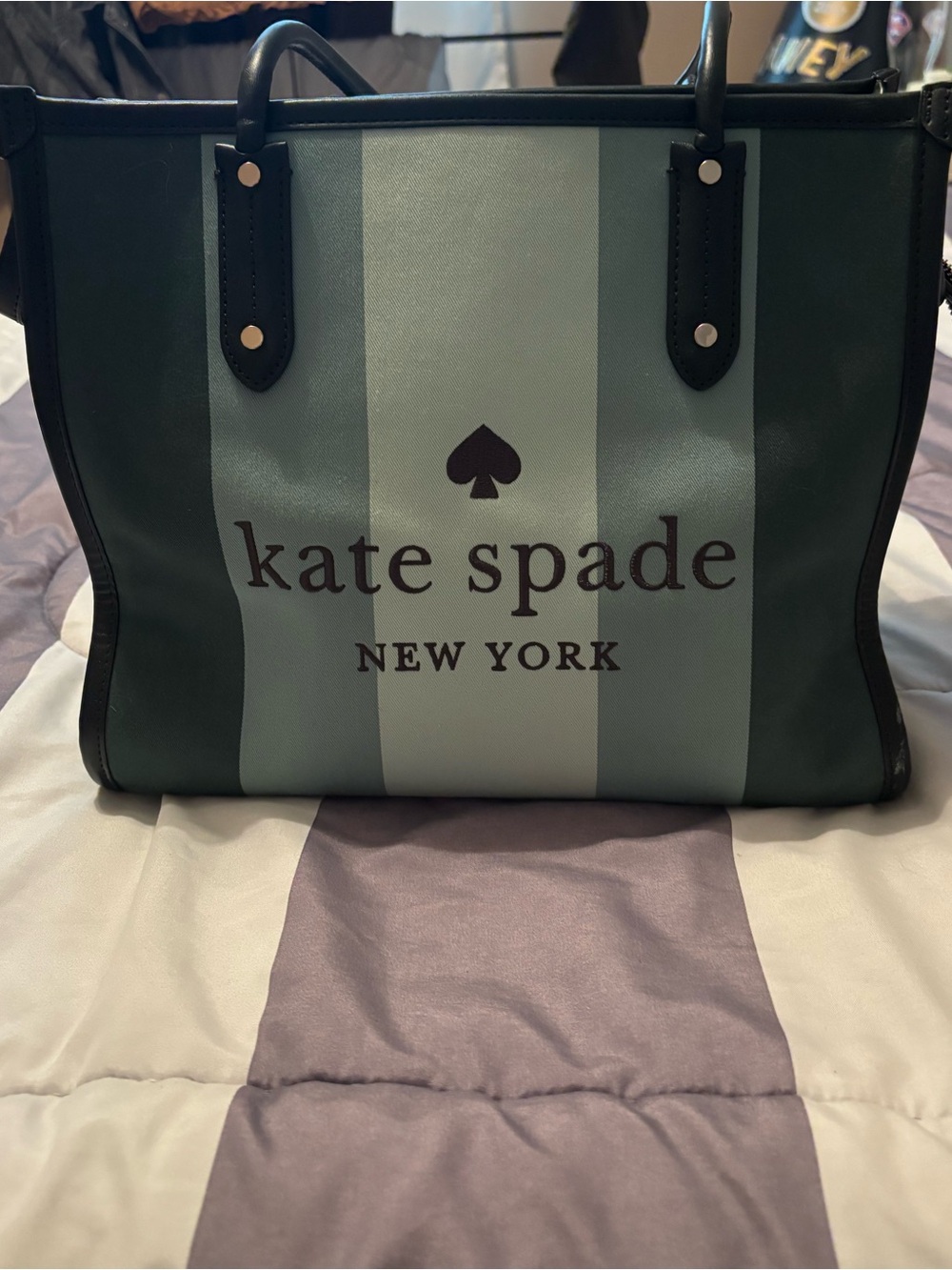 kate spade Green Stripe Tote with Black Handles